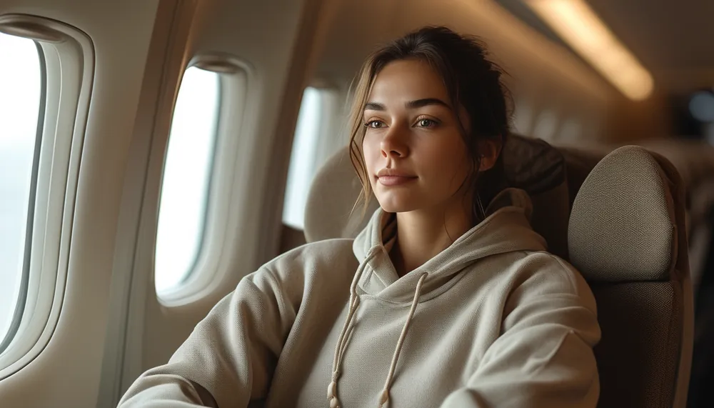 Woman in comfortable activewear relaxing on a long flight